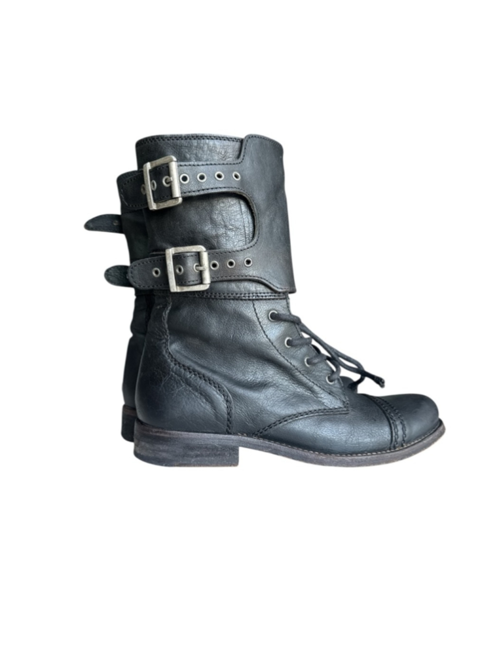AllSaints Spitalfields Jacks Place Black Leather Combat Boots Buckles EU 38